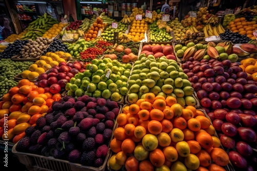 Vibrant images of fresh fruits and vegetables in a market. Generative Ai.