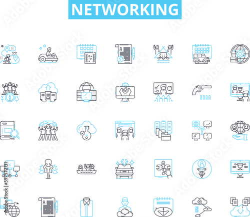 Networking linear icons set. Connected, Collaborative, Relationships, Communication, Contacts, Social, Linkages line vector and concept signs. Interaction,Internet,Meetups outline illustrations