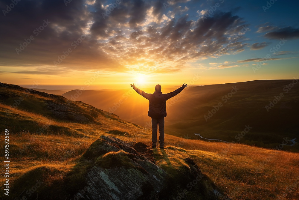 Fototapeta premium homem comemorando vitória em por do sol