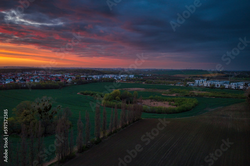 Amazing sunset over the spring fields of Rotmanka  Poland