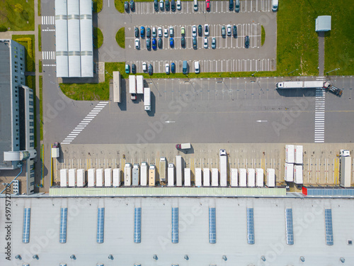 Modern European logistics warehouse for worldwide delivery of goods, warehouse, aerial view