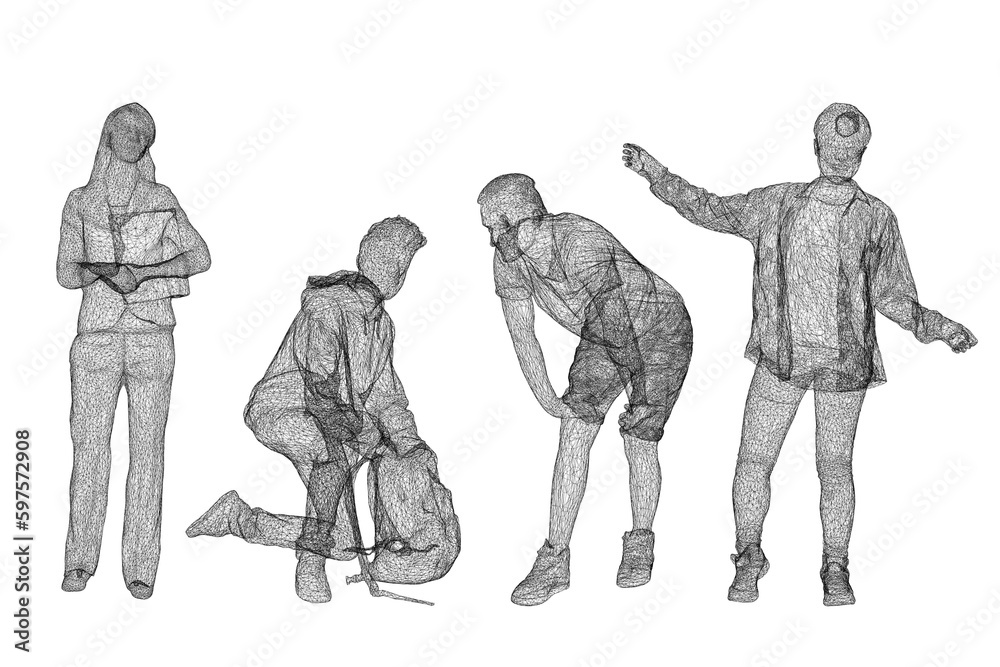 People Rendering Stand In people standing and sitting set in wire frame , woman and men, 3d ...