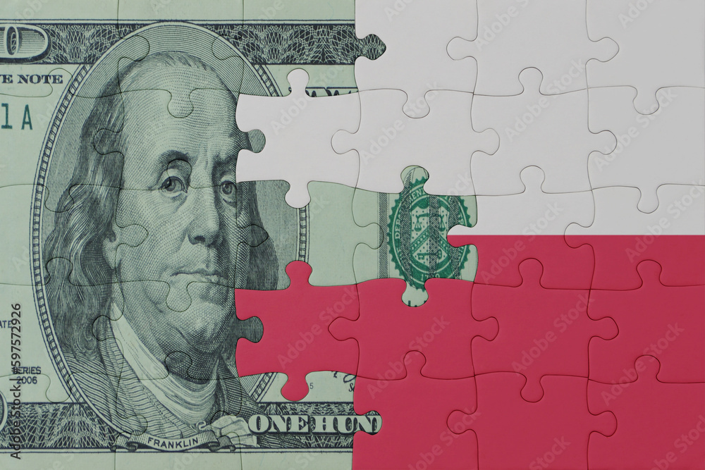 puzzle with the national flag of poland and dollar money banknote. macro.concept.