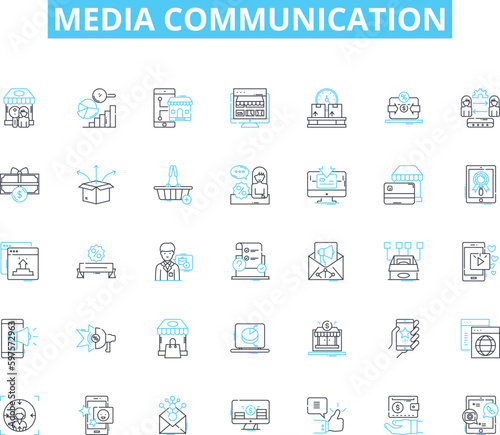 Media communication linear icons set. Broadcasting, Journalism, Advertising, Publicity, Messaging, Content, Propaganda line vector and concept signs. Outreach,Narrative,Multimedia outline