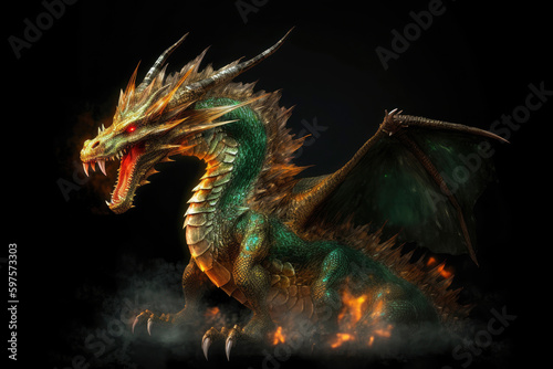 Full length green fire breathing dragon surrounded by flame and smoke isolated on black background. Symbol of 2024. Chinese New Year. Dragon image. High definition. Generative AI, human enhanced © Sheremetio