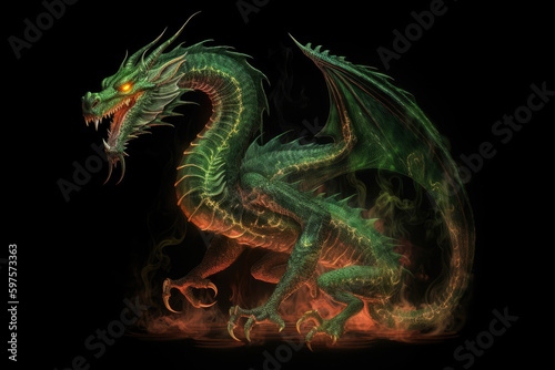 Full length green fire breathing dragon surrounded by flame and smoke isolated on black background. Symbol of 2024. Chinese New Year. Dragon image. High definition. Generative AI, human enhanced