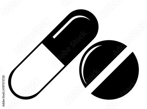 Medicine pills symbol illustration, black on white background