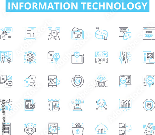 Information technology linear icons set. Digital, Nerk, Cloud, Cybersecurity, Coding, Analytics, Web line vector and concept signs. Database,Hardware,Software outline illustrations © Nina