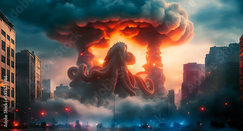 a giant octopus inside city on building Illustration 