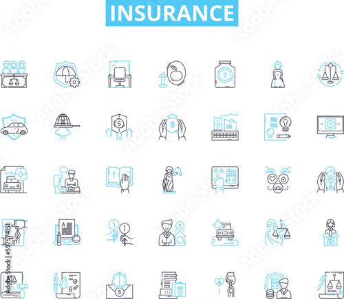 Insurance linear icons set. Coverage, Premium, Liability, Claim, Policy, Deductible, Protection line vector and concept signs. Accident,Risk,Reimbursement outline illustrations