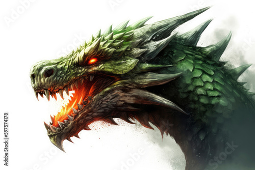 Illustration of green wooden fire breathing dragon head isolated on white background. Symbol of 2024. Chinese New Year. Dragon image. High definition. Generative AI, human enhanced