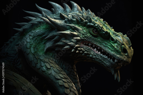 Illustration of green wooden dragon head isolated on black background. Symbol of 2024. Chinese New Year. Dragon image. High definition. Generative AI, human enhanced