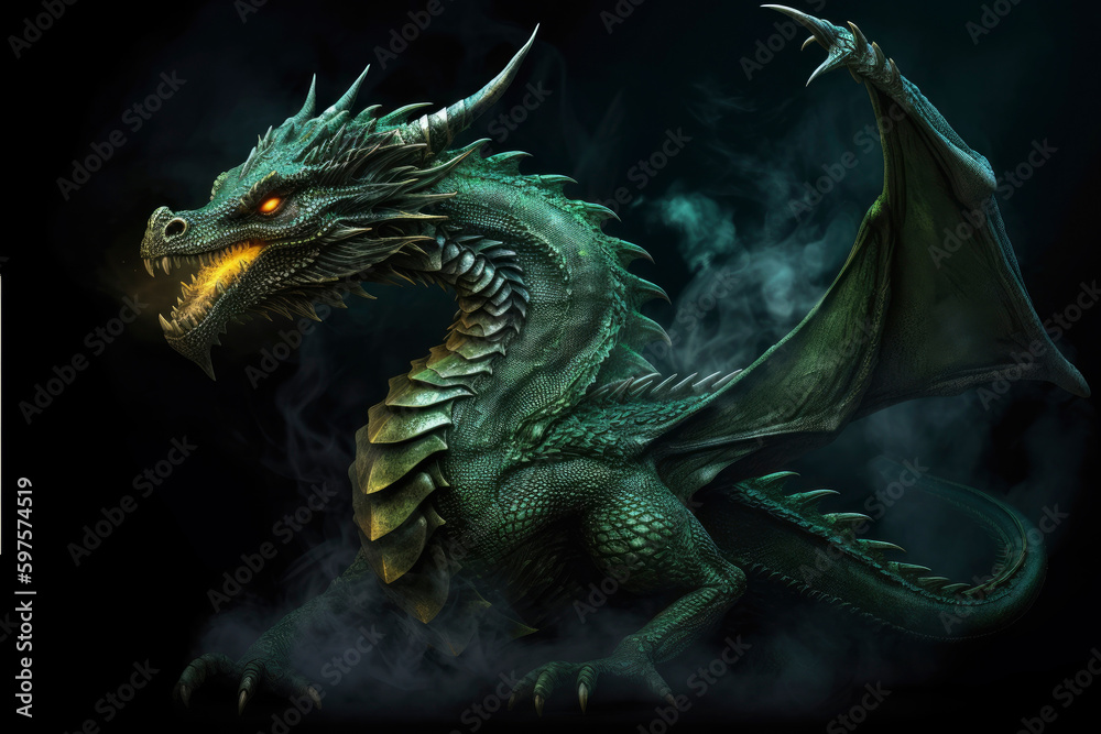 Full length green fire breathing dragon surrounded by flame and smoke isolated on black background. Symbol of 2024. Chinese New Year. Dragon image. High definition. Generative AI, human enhanced Full length green fire breathing dragon surrounded by flame and smoke isolated on black background. Symbol of 2024. Chinese New Year. Dragon image. High definition. Generative AI, human enhanced