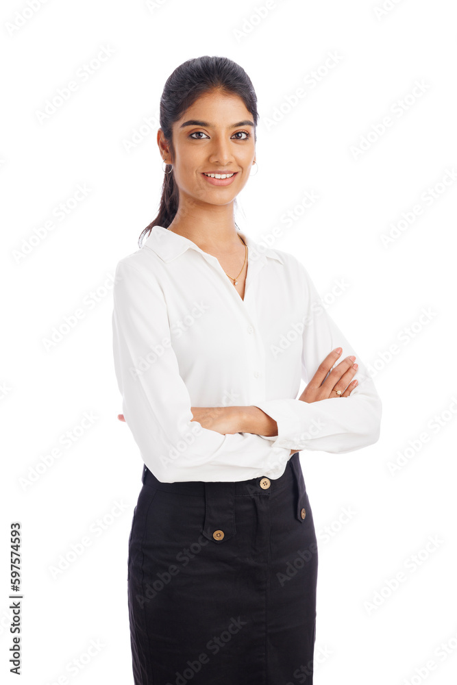 Cheerful hand crossed Indian young business woman isolated on white. Cheerful hand crossed Indian young business woman isolated on white.