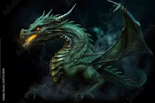 Full length green fire breathing dragon surrounded by flame and smoke isolated on black background. Symbol of 2024. Chinese New Year. Dragon image. High definition. Generative AI, human enhanced © Sheremetio