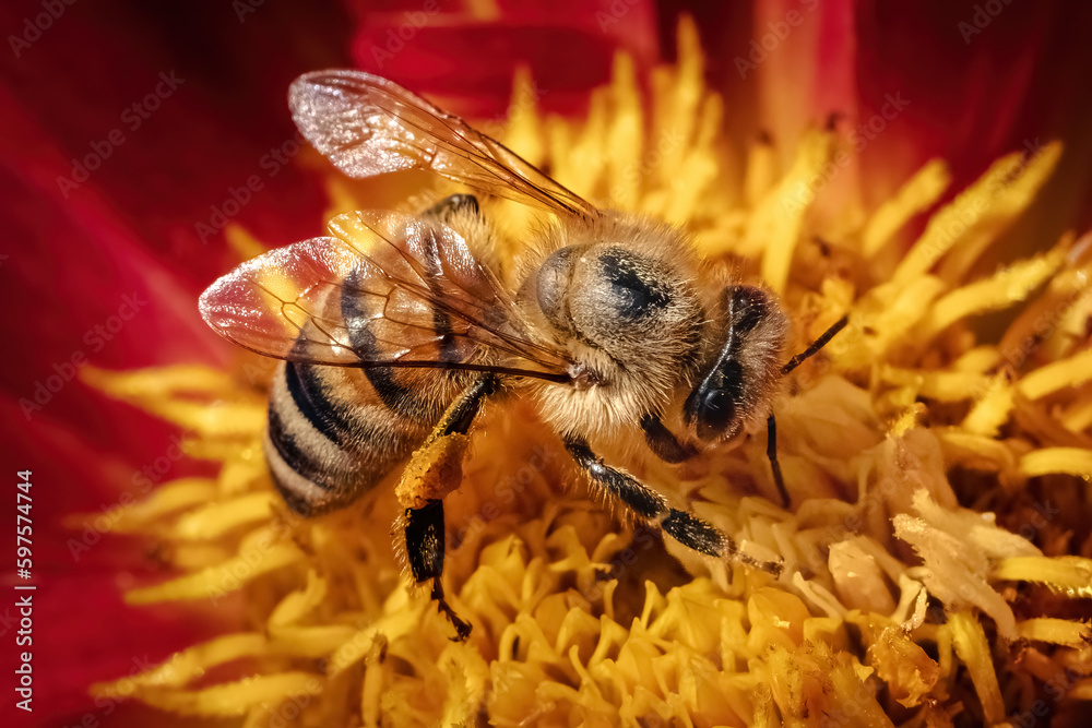 Macro of an European Honey Bee (Apis Mellifera) feeding and pollinating on a red and yellow dahlia flower. Long Island, New York, USA Macro of an European Honey Bee (Apis Mellifera) feeding and pollinating on a red and yellow dahlia flower. Long Island, New York, USA