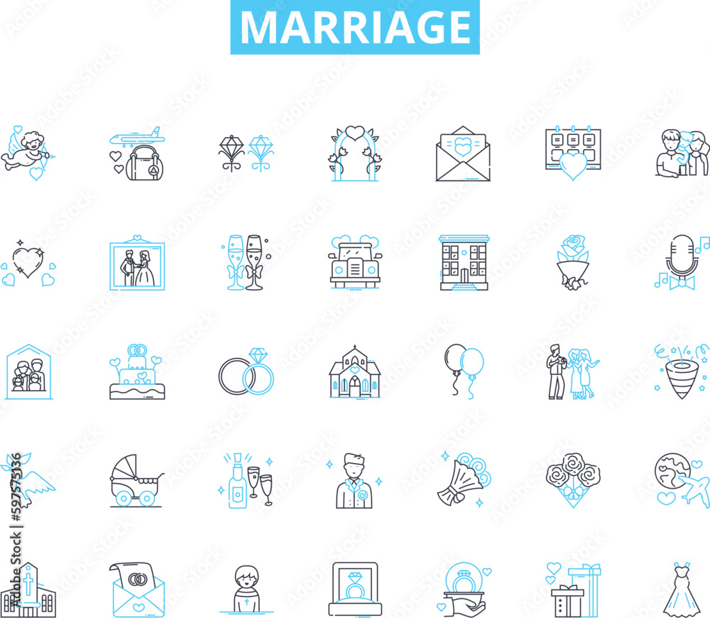 Marriage linear icons set. Vows, Commitment, Partnership, Love, Ceremony, Ring, Unity line vector and concept signs. Bliss,Bond,Forever outline illustrations