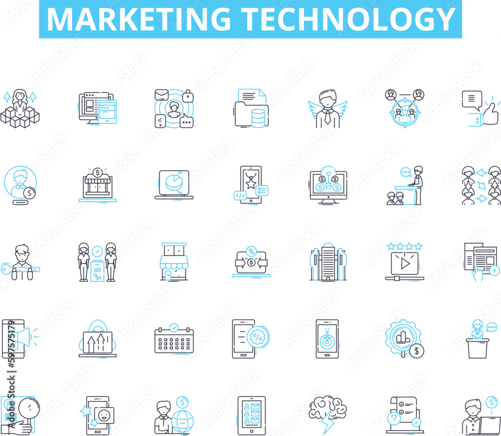 Marketing technology linear icons set. Analytics, Automation, Chatbot, Content, Conversion, CRM, Data line vector and concept signs. Digital,Email,Engagement outline illustrations