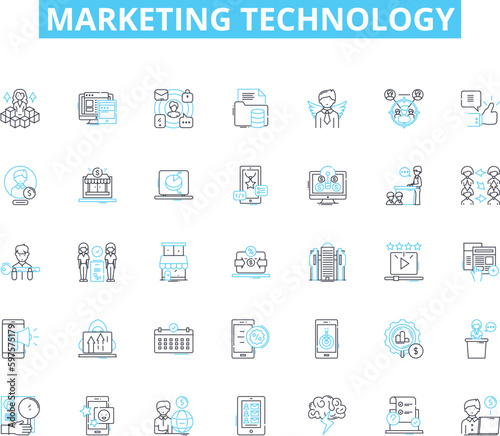 Marketing technology linear icons set. Analytics, Automation, Chatbot, Content, Conversion, CRM, Data line vector and concept signs. Digital,Email,Engagement outline illustrations