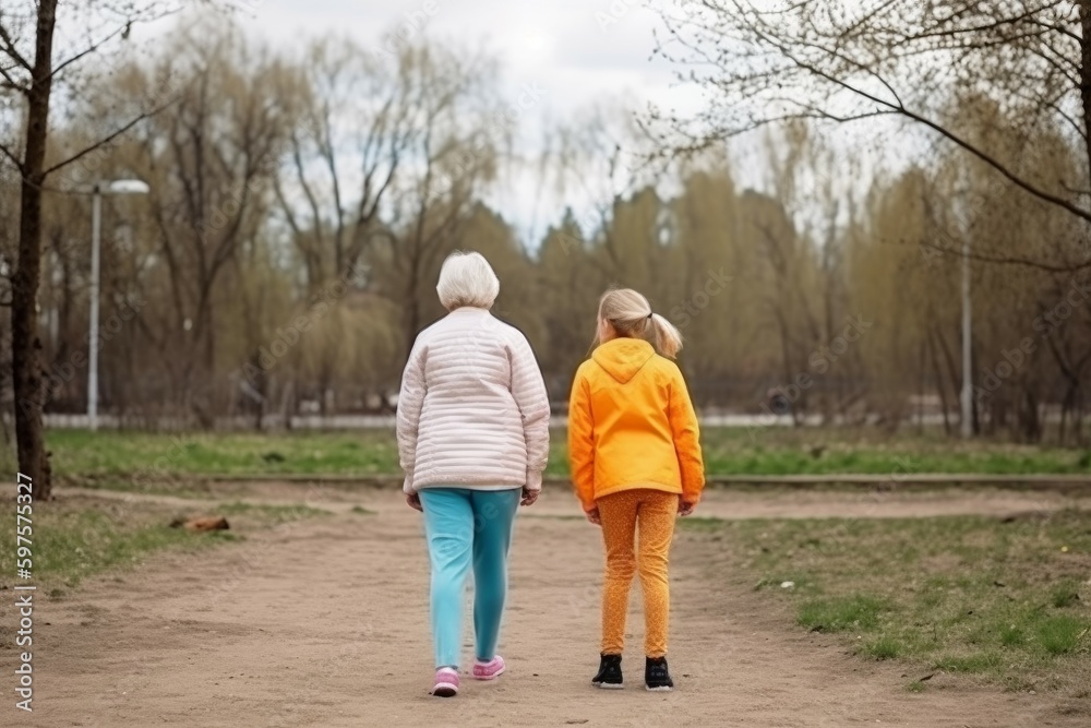 Back view granddaughter and grandmother doing sport. Generate Ai Back view granddaughter and grandmother doing sport. Generate Ai