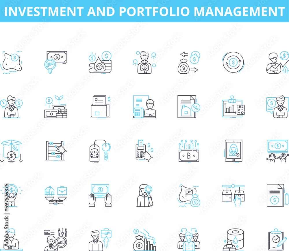 Investment and portfolio management linear icons set. Diversification, Yield, Asset allocation, Risk tolerance, Return, Capital preservation, Financial goals line vector and concept signs. Asset