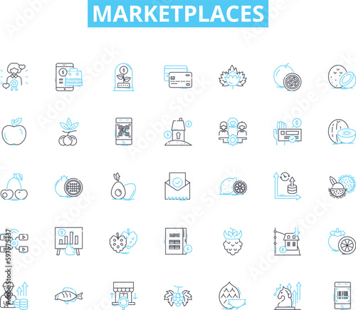 Marketplaces linear icons set. E-commerce, Auctions, Bidding, Trading, Online, Retail, Wholesale line vector and concept signs. Platform,Marketplace,Shopping outline illustrations
