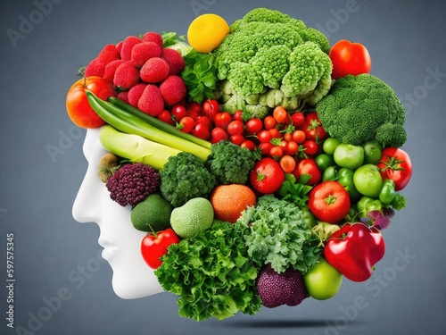 Brain made out of fruits and vegetables. Generative AI