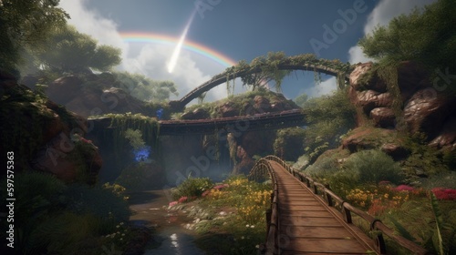 Discover the Beauty of Nature in Cinematic Detail with a Shot of the Rainbow Bridge Spanning Martian Ravines and Magical Trees, Generative ai
