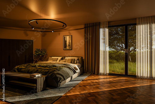 View from a modern bedroom into a lawned garden with a tree on a sunny evening - 3D Illustration photo