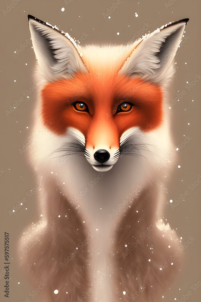 Fototapeta premium portrait of a red fox in winter on a light background, snow on wool, generative ai