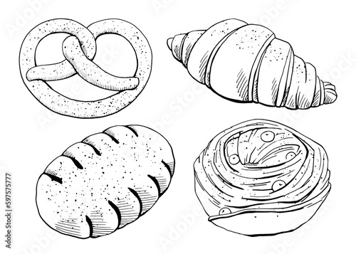 Graphic drawing of fresh baked goods. Set for printing on the packaging of bakery products, bakeries, restaurants, website design, kitchen design printing.