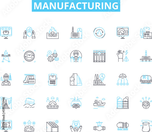 Manufacturing linear icons set. Production, Assembly, Fabrication, Automation, Machining, Casting, Molding line vector and concept signs. Extrusion,Quality,Inventory outline illustrations