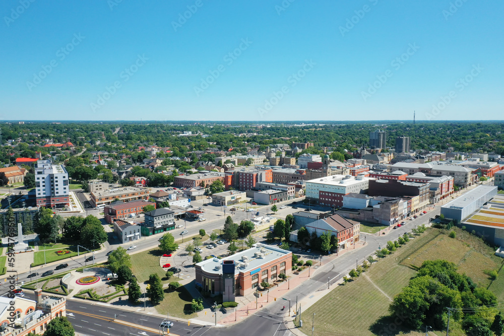 Aerial view of Brantford, Ontario, Canada on summer morning