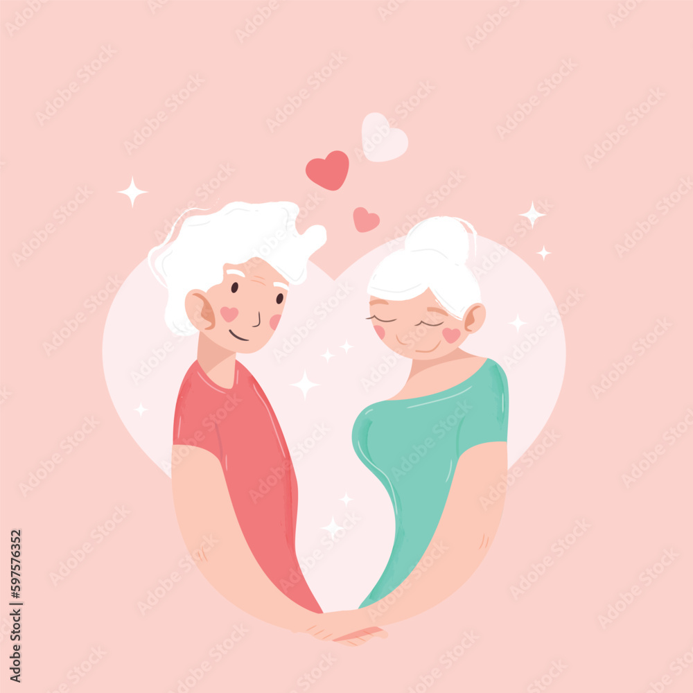 Obraz premium Hot drinks and love concept. Young loving smiling couple man and woman standing holding cups mugs with hot tea or coffee enjoying time together vector illustration