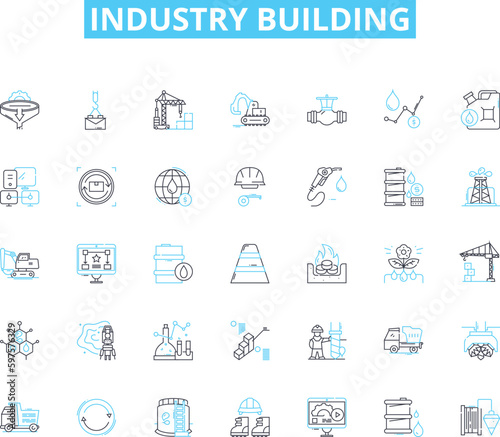 Industry building linear icons set. Construction, Architecture, Contractor, Development, Engineering, Planning, Design line vector and concept signs. Renovation,Foundation,Configuration outline