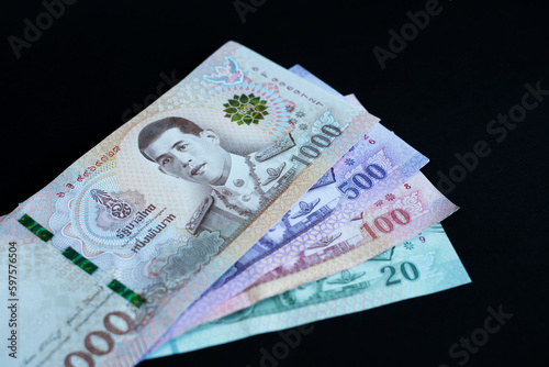 Thai baht banknotes. Cash money of Thailand. Thai economy and financial system concept.