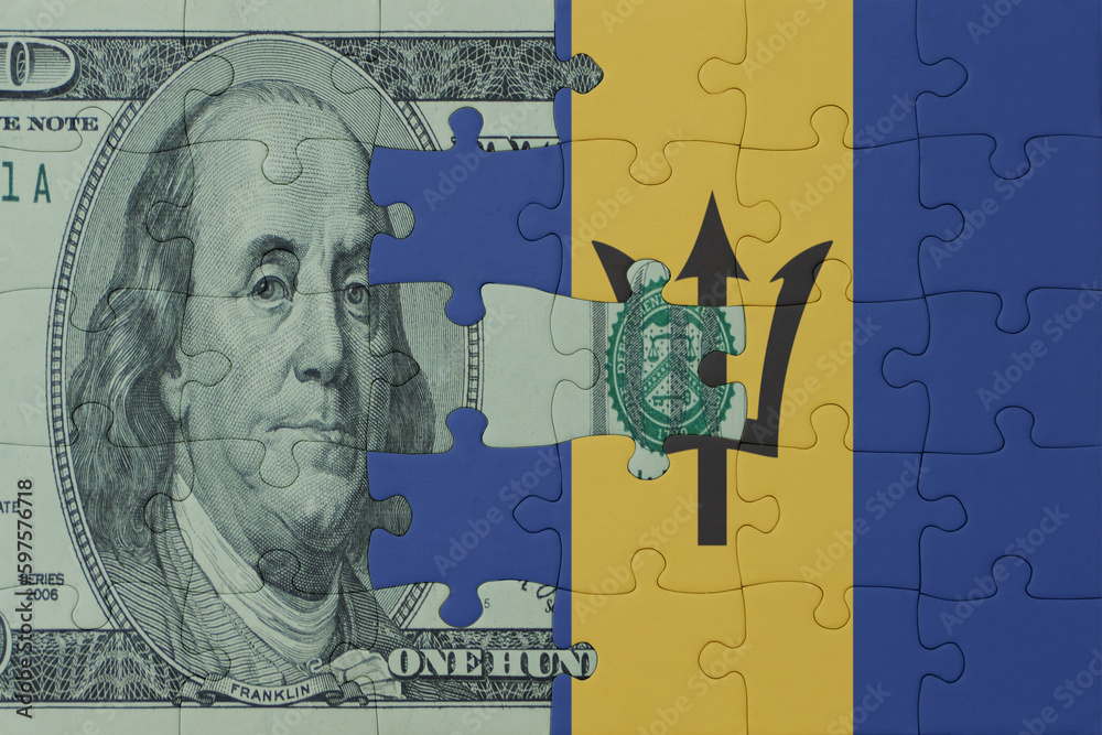 puzzle with the national flag of barbados and dollar money banknote. macro.concept.