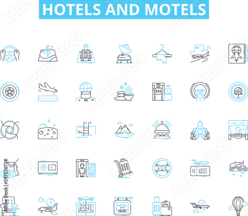 hotels and motels linear icons set. Accommodations, Lodgings, Hospitality, Amenities, Suites, Reservations, Travel line vector and concept signs. Vacation,Comfort,Service outline illustrations
