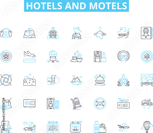 hotels and motels linear icons set. Accommodations  Lodgings  Hospitality  Amenities  Suites  Reservations  Travel line vector and concept signs. Vacation Comfort Service outline illustrations