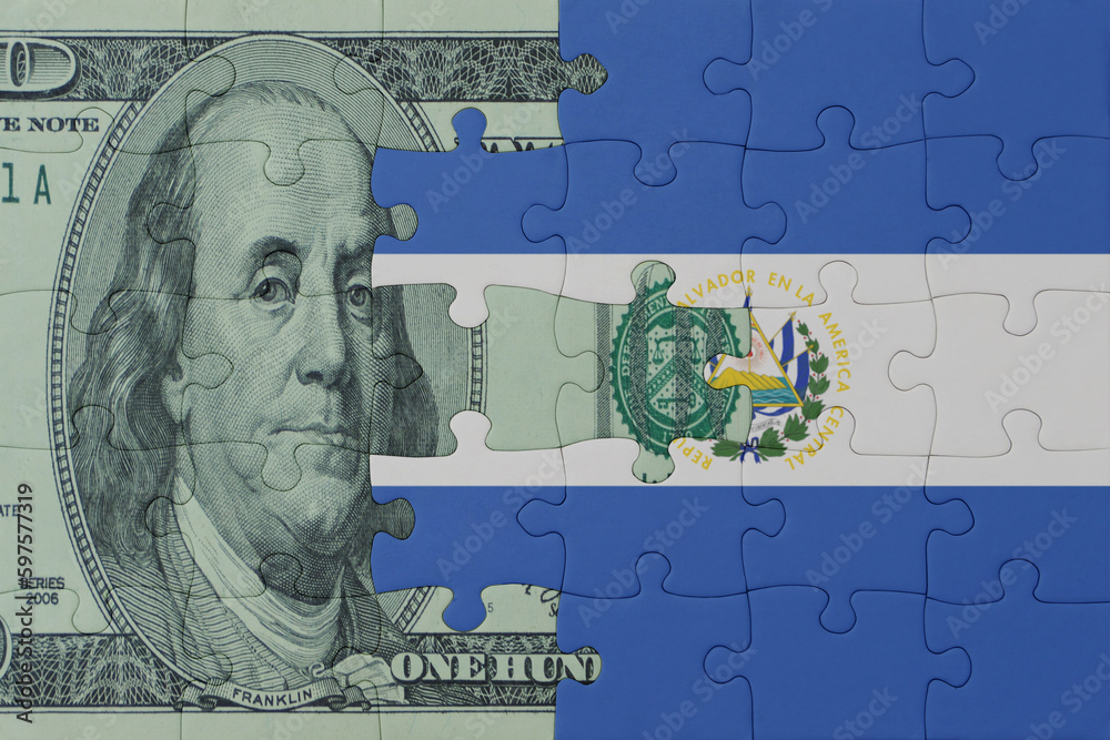 puzzle with the national flag of el salvador and dollar money banknote. macro.concept.