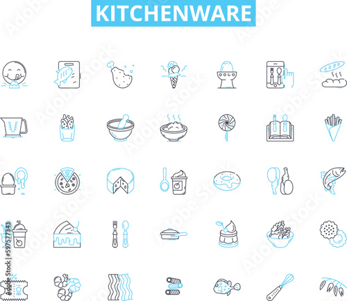 Kitchenware linear icons set. Cutlery, Cookware, Bakeware, Utensils, Dishware, Appliances, Gadgets line vector and concept signs. Containers,Strainers,Mugs outline illustrations