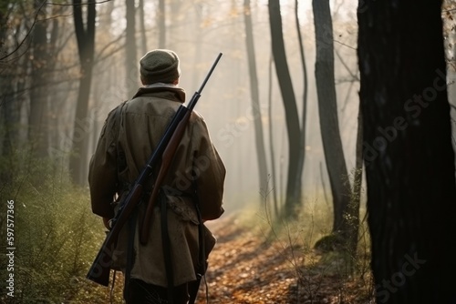 Back view man hunter forest fog. Generate Ai