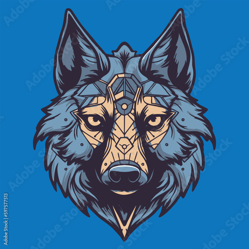 Wolf head vector illustration. Wild wolf head isolated on blue background