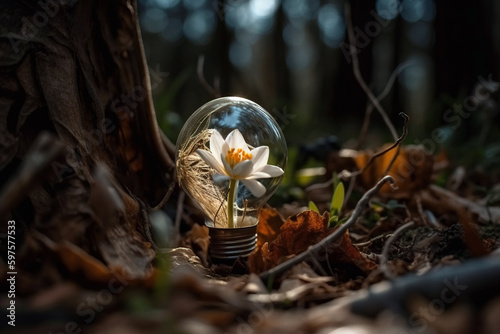 Light bulp with flower inside in forest. Digitally generated AI image photo