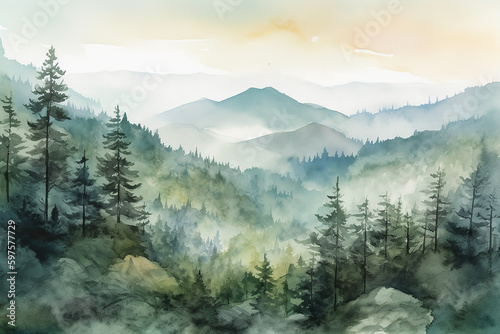Paisagem serena da floresta em aquarela com montanhas majestosas, pinheiros e exuberantes