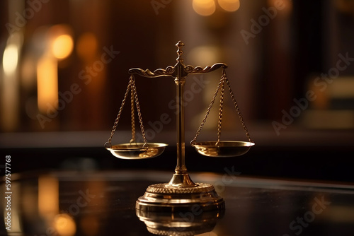Escala equilibrada dourada brilhante no fundo da biblioteca do tribunal como conceito de justiça e símbolo legal de equidade. Equilíbrio de escala para julgamento justo e isonômico por advogado e proc