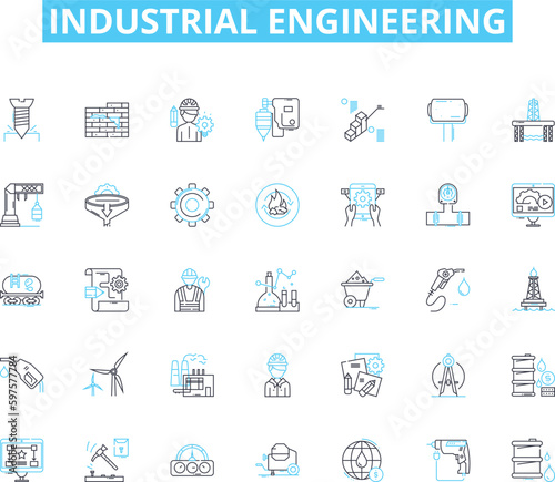 Industrial engineering linear icons set. Manufacturing, Optimization, Automation, Logistics, Quality, Design, Material line vector and concept signs. Production,Ergonomics,Supply outline illustrations
