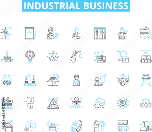 Industrial business linear icons set. Manufacturing, Production, Industrialization, Automation, Assembly, Machining, Fabrication line vector and concept signs. Engineering,Factories,Processing outline