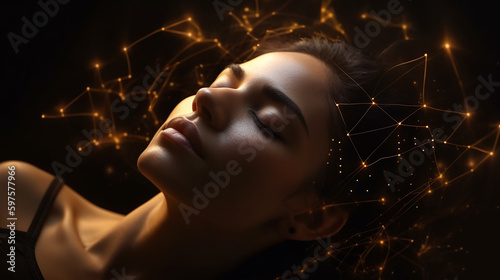 mulher com olhos fechados em meditação com o universo  photo