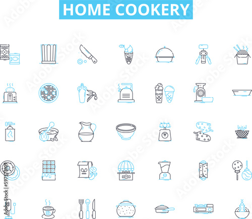 Home Cookery linear icons set. Recipe, Meal, Flavor, Ingredient, Cook, Kitchen, Spice line vector and concept signs. Oven,Pan,Saut? outline illustrations
